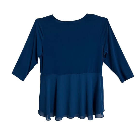 Susan Graver Womens Top XL Liquid Knit Teal Peplum Chiffon Overlay Feminine - Picture 2 of 7